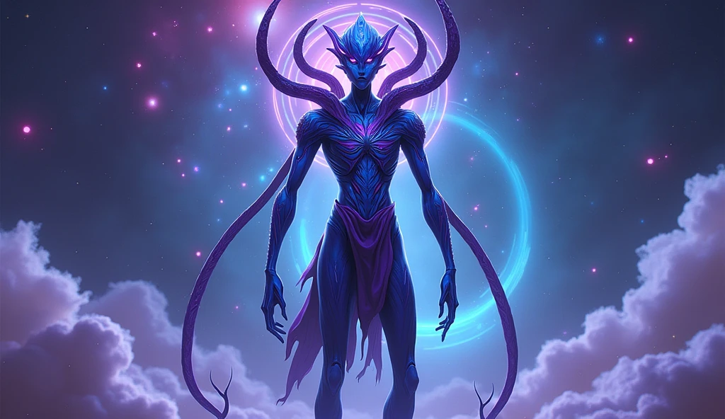 In the vast expanse of the cosmos, a nebula-shaped creature emerges before the serene surface of a distant planet. The creature's ethereal form undulates with an iridescent glow, as if infused with the essence of stardust. Amidst the swirling vortex of blue and purple hues, lightning bolts crackle through the darkness, casting an otherworldly ambiance upon the celestial scene.