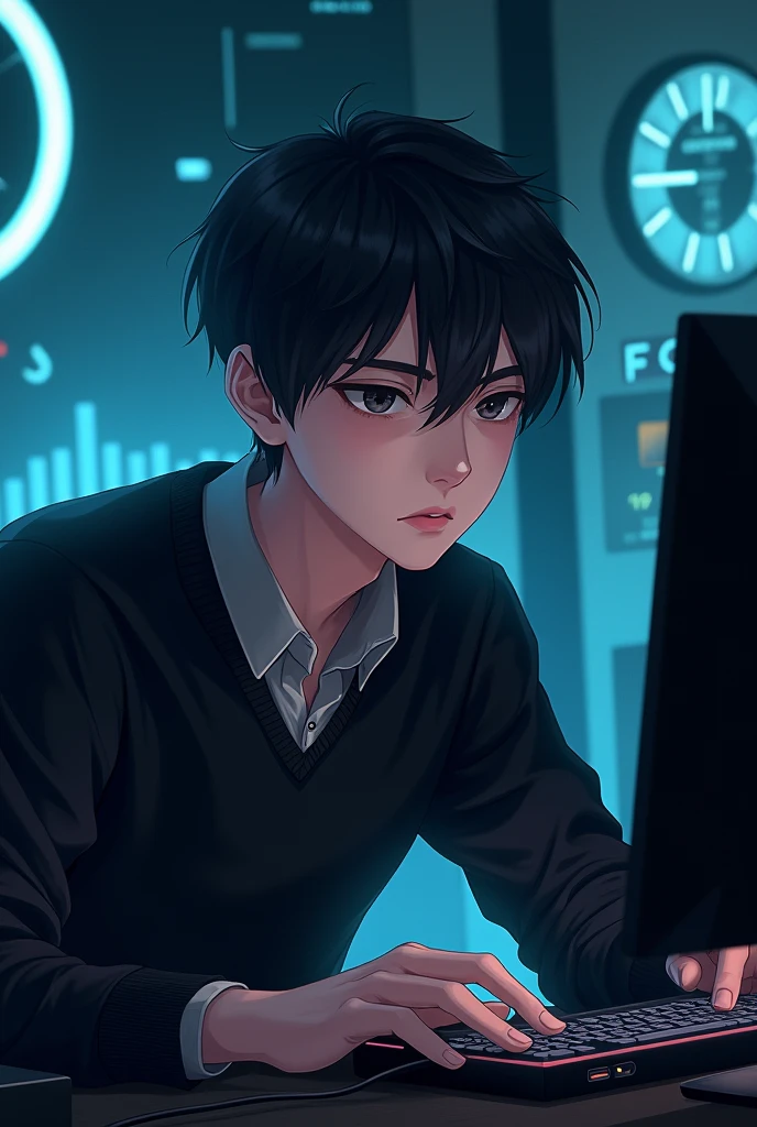 A man, 30 years old, black super short hair, black eyes, sad, crying, tears on his face, hands wrapped in bandages, hanging around his neck, in front of a computer screen