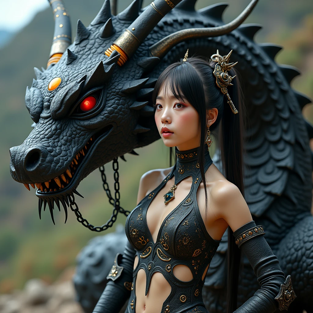 Professional , masterpiece、top-quality、photos realistic , depth of fields (Gemstone Black Metal Body:1.9),(Enamel Black、(cleavage of the breast)、(Chinese Dragon)、Dragon Gold Weapon(Dragon Metal Body:1.4),Gorgeous gold weapons ,(( Dragon's dense and gorgeous sword)) , 、blood splashing、 ,warhammer 40k , adepta sororitas,Detail and gorgeous crown、((Brown hair))、(The dragon)、(Castle background)、The dragon、((Gangle's forest background))、Beautiful Caucasian beauty、(1a person)、dynamic ungle,(((Detailed and ornate Black Devil Crown)))、Smaller head、A smile、Castle background、Thin and beautiful female hands、cleavage of the breast、Mystical expression、Light Effects、Wind-effect、magic circles、With the legendary magic wand、(demonic wings)、Toostock、