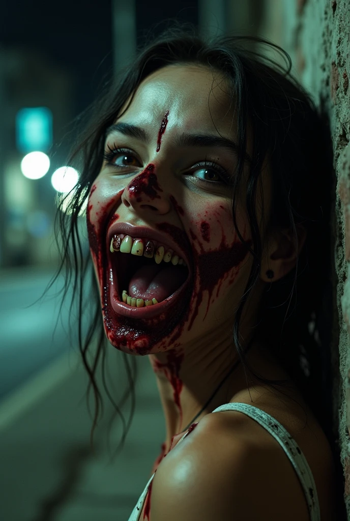 Woman buzzing with a rotten and deformed face filled with blood with a serious look showing her dirty teeth focusing more on her face on a wrecked street and the night with a small light on her, horror image.