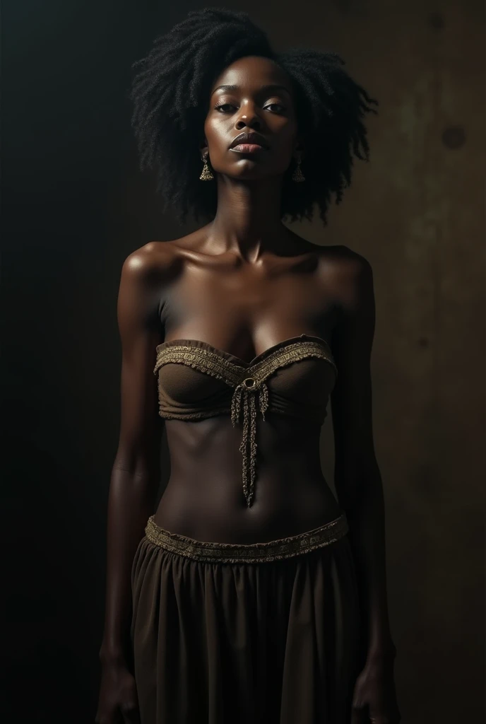 man tightening rope noose around congolese woman's neck, short hair, curly mullet , wearing lingerie, beautiful, sexy, age 16, naked, 1 woman, man putting rope around woman's neck, woman serious expression, woman empty expression, wide-eyed, scared, execution by hanging, gallows