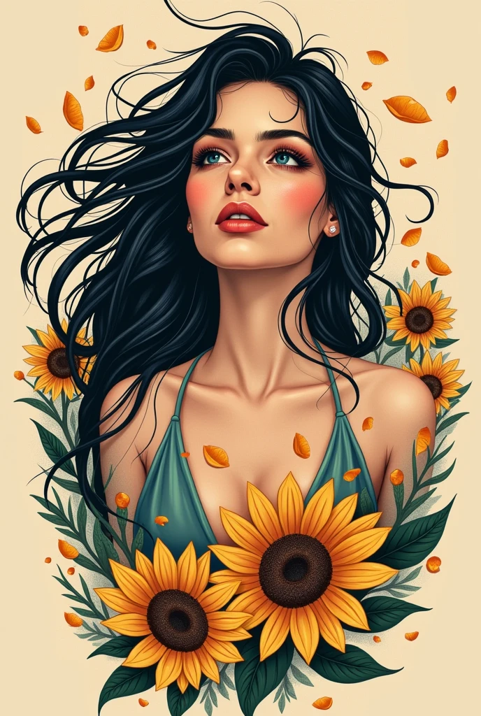 young woman, wearing short black bikini with long black hair, surrounded by various flowers, realistic style image, surrounded by vibraprint ready vector t-shirt design, white background, side view, sticker, clean white background, professional vector, high detail, T-shirt design, vibrant.