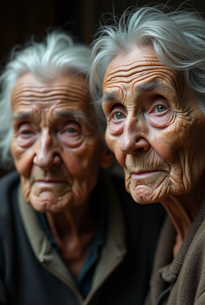There are two pictures of a female woman and a child, com lagrimas escorrendo no rosto, long hair and tears on her face and a very sad look with wrinkles, Age lines, envelhecimento, Rugas, pele enrugada, rosto enrugado, rugas profundas!, rugas e tecido muscular, velho e enrugado, Marcas da idade, parecendo velho, velho e, enrugado, 70 anos, 70 anos, wrinkles and muscles, both faces visible, intricate wrinkles face to face with faces of anger and hatred with strong expressions of desire to kill each other