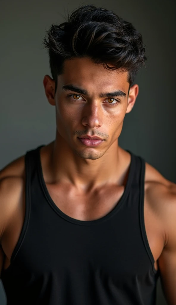masterpiece, Best Quality, ultra detailed, High resolution, absurd) (detailed shadow) (quality light), 19 year old man, ((wide shoulders)) (muscles), male focus, Alone, short black hair with messy hair ), blue eyes (detailed eyes)que se vea all her body( that your feet can be seen), medium wavy hair , looking at the viewer, lips parted, fancy, unclothed (Alone short y de tela), noble, wall background (detailed background). Side pose , Tez blanca
(That her feet and legs are seen ) all her body



