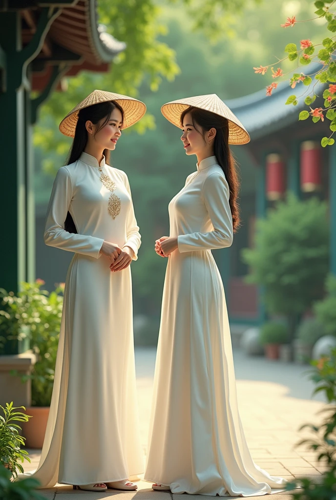 Beautiful Vietnamese long-legged girls in traditional Ao Dai dresses, gracefully walking along a tranquil, sun-kissed riverbank, vibrant lotus flowers blooming in the water, reflecting their elegance, captured in a soft, pastel-colored watercolor painting, --ar 16:9 --v 5