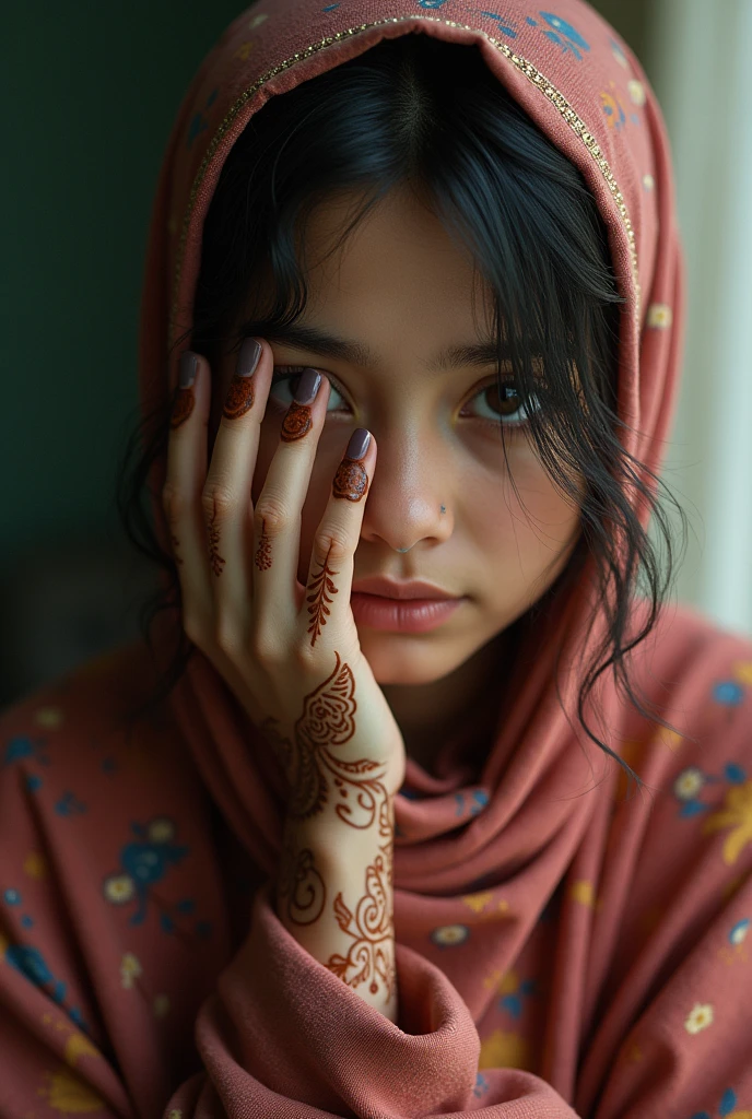 A Pakistani girl with sourav named henna tattoo name with background rose plants  hidden face with hijab
