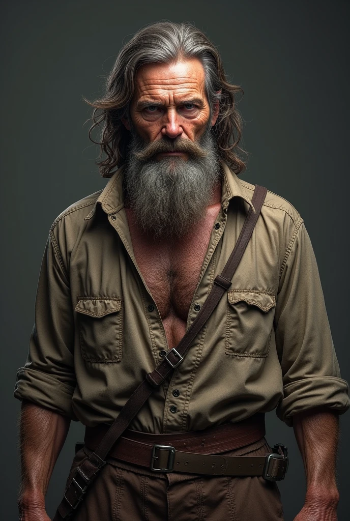 An old man with mustache and lots of chest hair with no shirt on