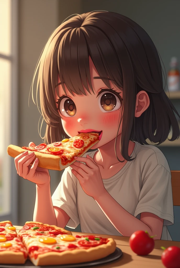 1 person Black short hair Dark Eyes Summer clothes Sitting on the living room sofa eating pepperoni pizza
