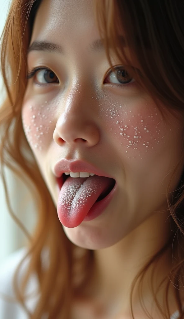 Asian, huge breasts, stick out tongue, white fluids on face, white fluids on tongue, blue eyes