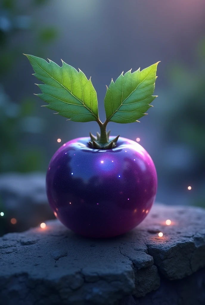 A single black currant with two black currant leaves on top of it. Background should be a blurred fantasy garden.  The black currant should be glowing, like it is magical!