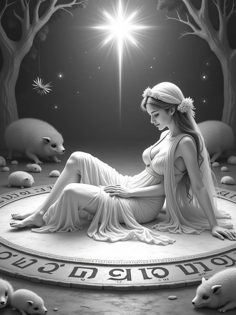 black and white Highly detailed, photo-realistic depiction of a breathtaking nymph reclining at the center of an intricately inscribed ancient hieroglyph mantra circle, surrounded by a thousand mirrors reflecting her flawless beauty. Her bare skin is adorned with a delicate, flowing bioluminescent tulle scarf covered her body, her hand relaxed, and her legs perfectly proportioned. Her skin glows with a radiant, luminous quality, reminiscent of white porcelain. A long, flowing tulle veil drapes elegantly around her, and her long, s , close up, night scene,dramatic light, intricate detailed, warm, torch, and soft, eerie mist, with subtle, warm big star casting a gentle, desolate , magical glow, emphasizing expressions, intricate, ornate, and delicate, swirling, wispy fog