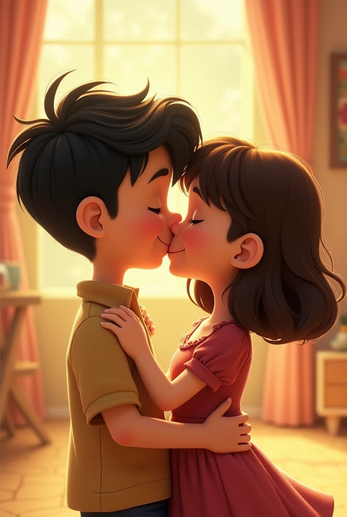 Make a Pixar cartoon style image where there is a white skinned person, Venezuelan woman with shoulder-length black curly hair who wears glasses hugging and kissing on the mouth a curly man with brown hair and white skin, and they are both teenagers