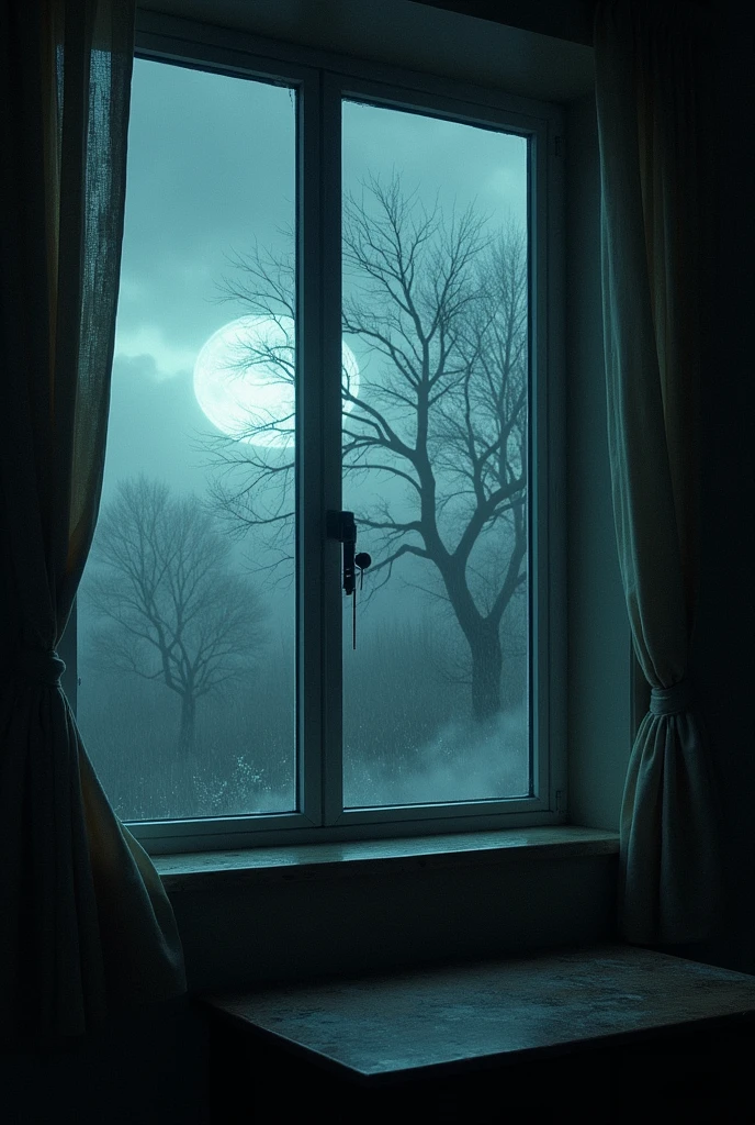 The storm outside is howling and the branches of the trees are ...