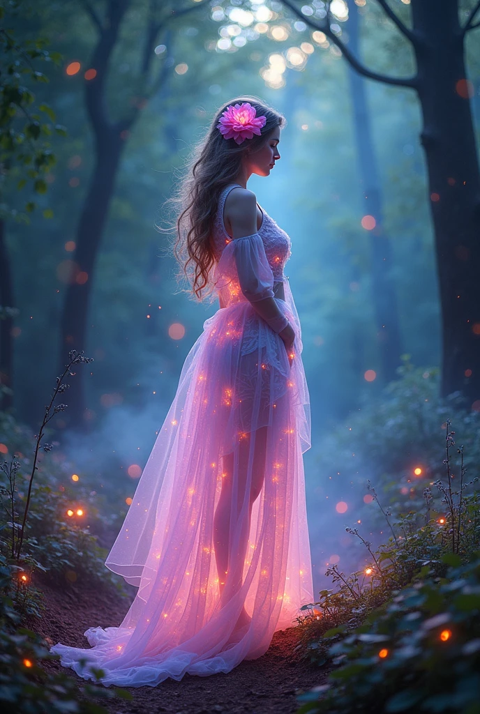 a beautiful young woman with long dark hair, extremely large breasts, wearing magical glowing clothes, in a magical fantasy world, highly detailed, photorealistic, 8k, masterpiece, (best quality, 4k, 8k, highres, masterpiece:1.2), ultra-detailed, (realistic, photorealistic, photo-realistic:1.37), HDR, UHD, studio lighting, ultra-fine painting, sharp focus, physically-based rendering, extreme detail description, professional, vivid colors, bokeh, fantasy, magic, surreal, enchanted