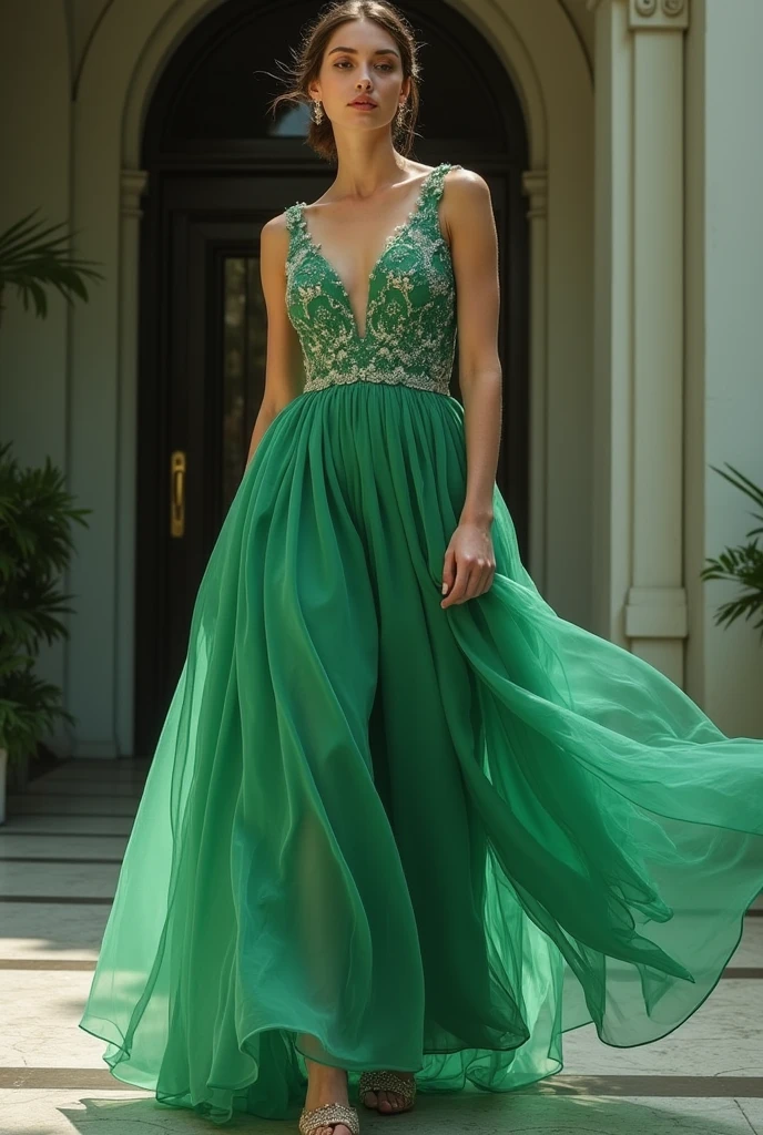 Realistic full body photo of a smiling brunette with long hair, She dances in front of the camera in a long A-line dress with straps made of shiny green satin.., Park,glamour fotoshooting, Wedding celebration, perfect anatomy, perfect brown eyes. Perfect hands with 5 fingers on each hand, Matching girl, look into the camera, 1 Frau. (Eye make up:1.1), (highly detailed skin:1.1), spirit, analog style, keen focus, 8K  UHD, dslr, good quality, Fujifilm XT3, Grain, Award-winning, ​masterpiece. Wedding celebration. She quickly turns her beautiful long dress and lets the skirt fly. 