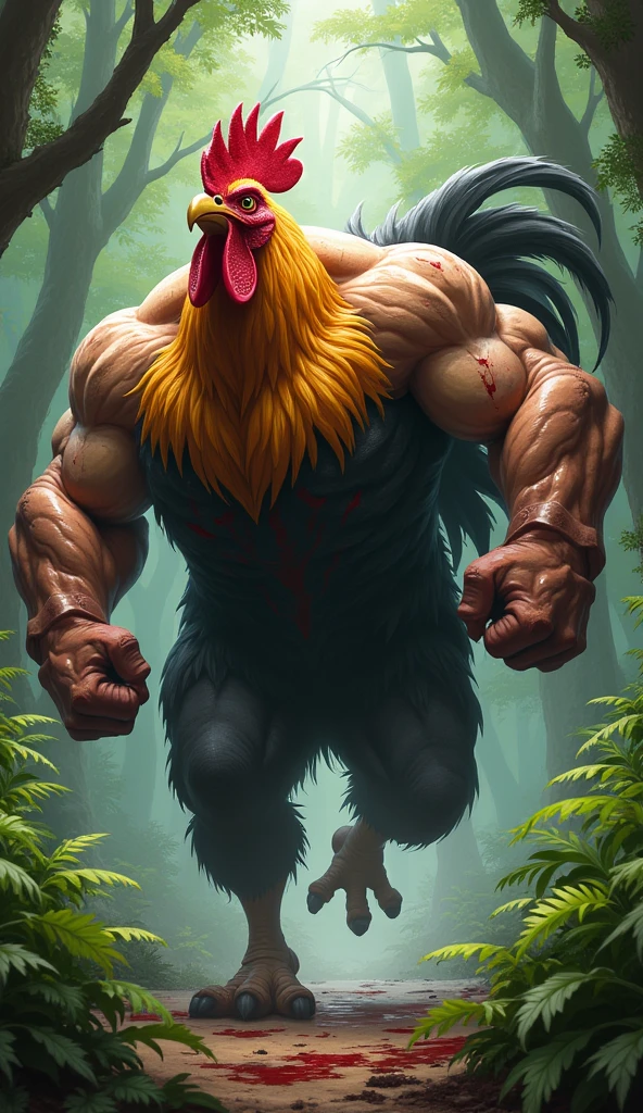 Bipedal,muscler, wererooster, dark woods, full moon, glowing bugs,in background