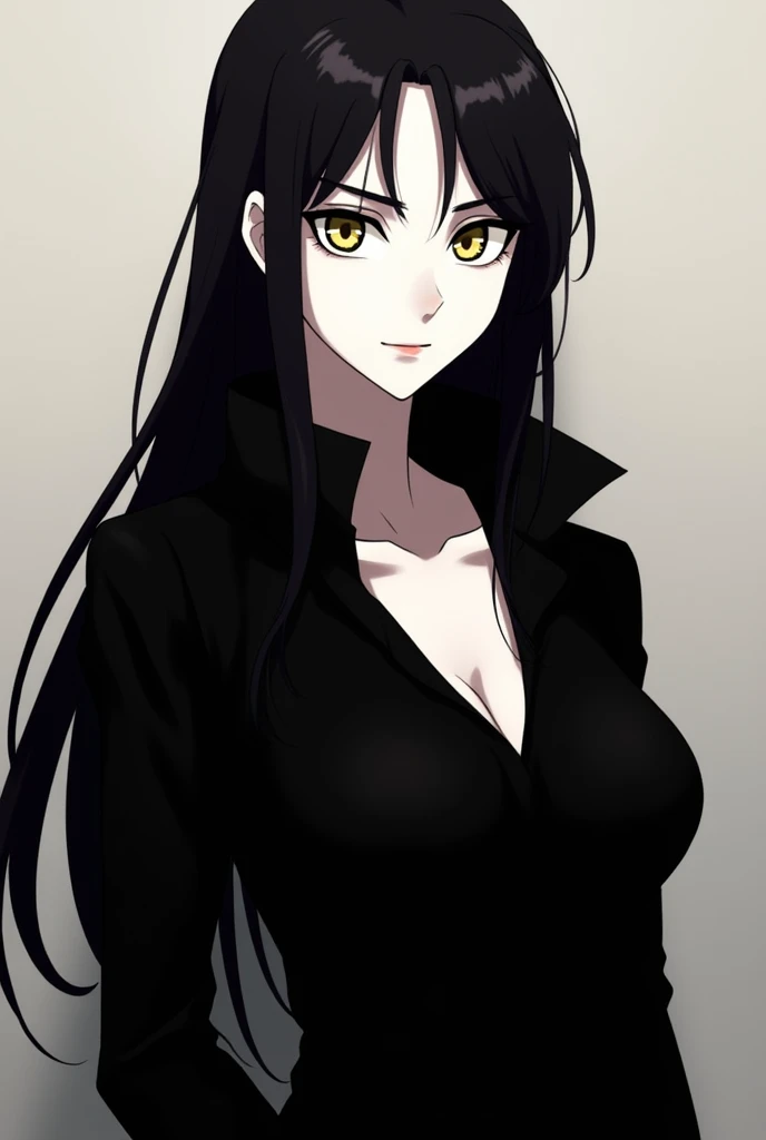 black hair,yellow eyes,(high quality eyes),masterpiece, best quality, high quality, highres, outdoors, looking at viewer, (((black bikini))), cleavage, sleeveless, Jenny, tall female,
