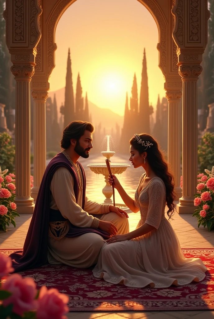 (photorealistic:1.37),king Solomon,2 women holding a baby,detailed sword in hand,regal pose,beautiful clothing,golden crown,ornate throne,lush green garden,cascading fountain,soft sunlight,peaceful atmosphere,colorful flowers,sparkling jewels,richly decorated surroundings,impressive architecture,courtyard,grandeur,royal ambiance,harmonious composition,attention to facial expressions,dramatic lighting,artistic perspective,emotional storytelling,vivid colors,lifelike textures,fine brushstrokes,masterpiece:1.2