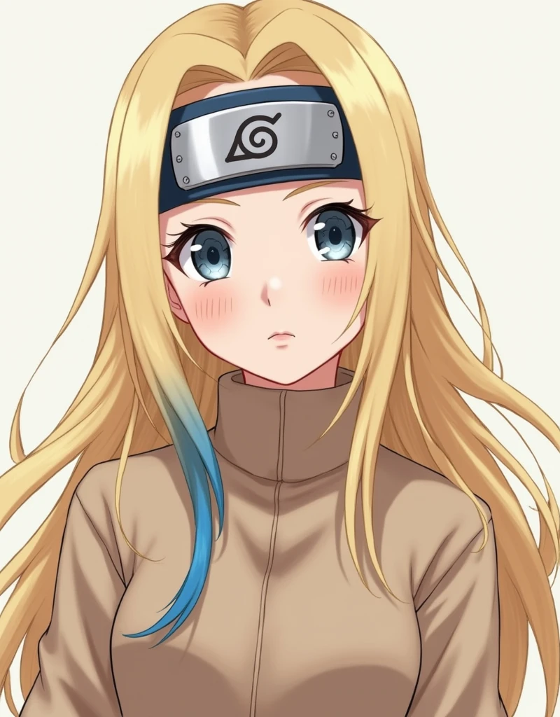 Anime style girl "Naruto",  sweater with long blond hair,  with one blue lock and gray-blue eyes,  with a hidden leaf village protector on her forehead , in  "Naruto" 