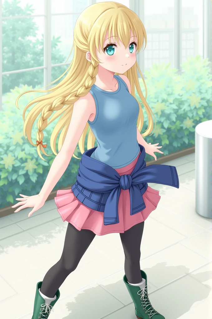 Highest quality,1 Girl,Big Breasts,orgasm,blush, shut up., Sweat,Airi Akizuki, Long Hair, blue eyes, Blonde, Twin tails,skirt, Knee socks, Striped, Striped Knee socks, blue skirt, Expose your shoulders, shirt, sleeveless shirt, red shirt,((Lift skirt,Cute pussy:1.3)),garden
