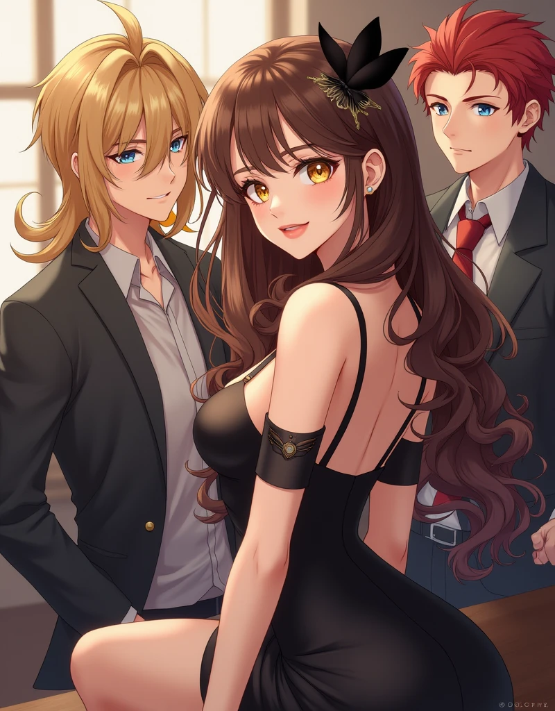 Beautiful girls, skinny body, medium breast, strapless and sleeveless white shirt, short black skirt, Desenho animado simples, Com roupa diferente, cabelo, different position, group selfie, with group of  elegant mens wearing suit, anime style, happy face all, barista, cafe background,