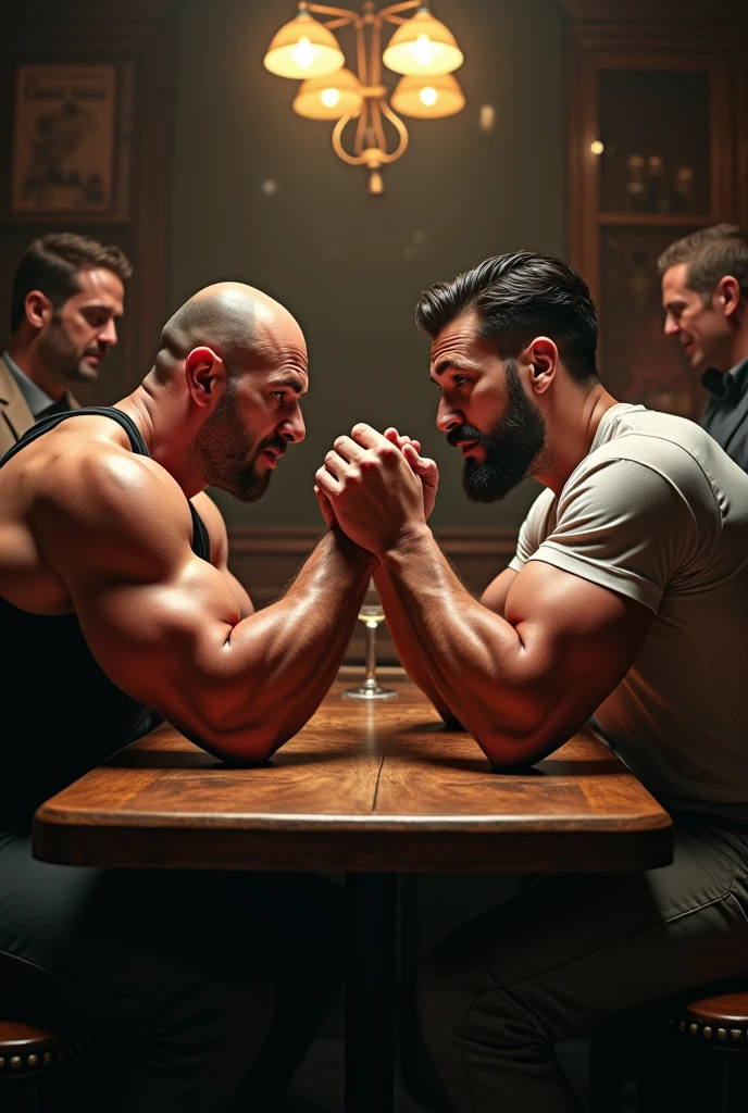 2 beautiful handsome man sitting playing arm wrestling strength games in a cowboy bar while the other 3 handsome men look at him