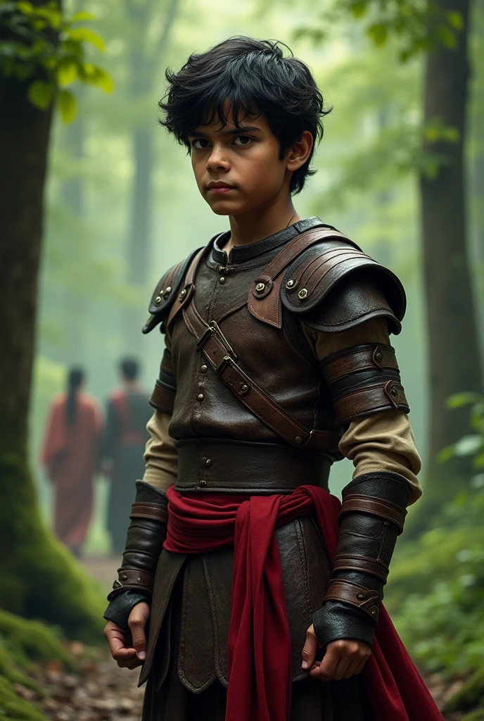 Boy with short black hair, Sician warrior clothing, stained with blood, and one wolf eye.