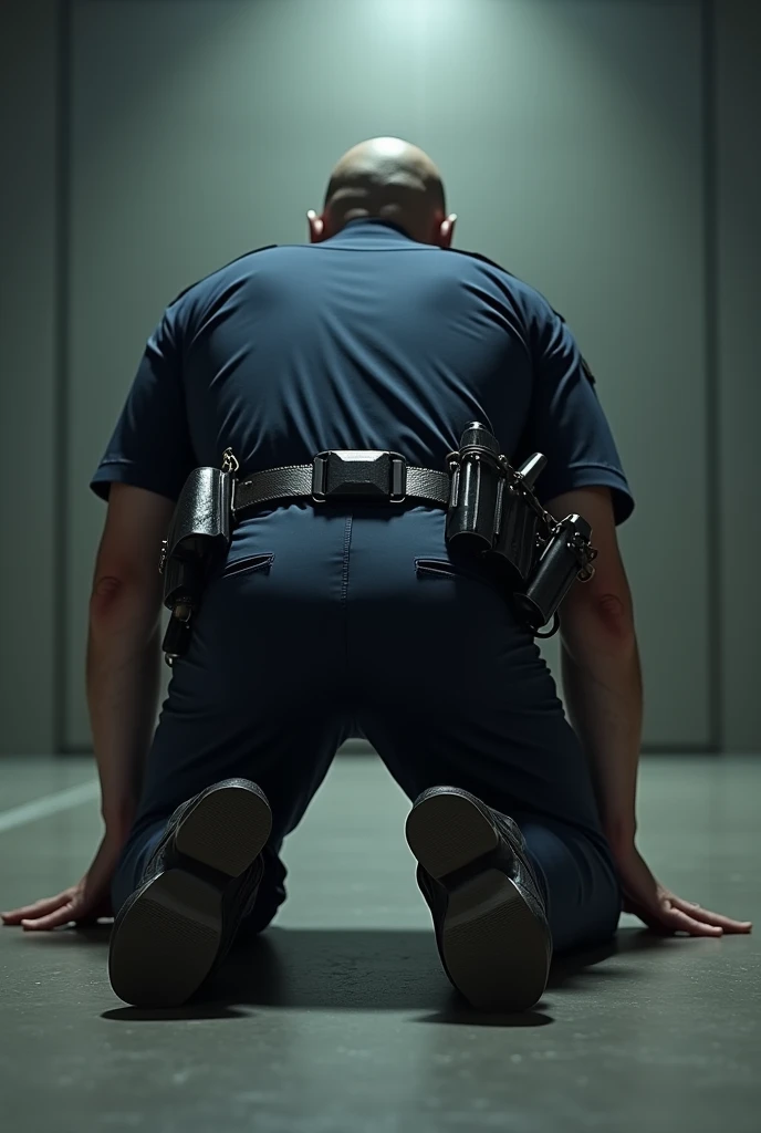 a beautiful handsome naked huge muscular male prisoner with short blonde hair, standing blindfolded with his head in a full mask, back view, full body view, in the corner of an empty darkened room, seen from a low angle