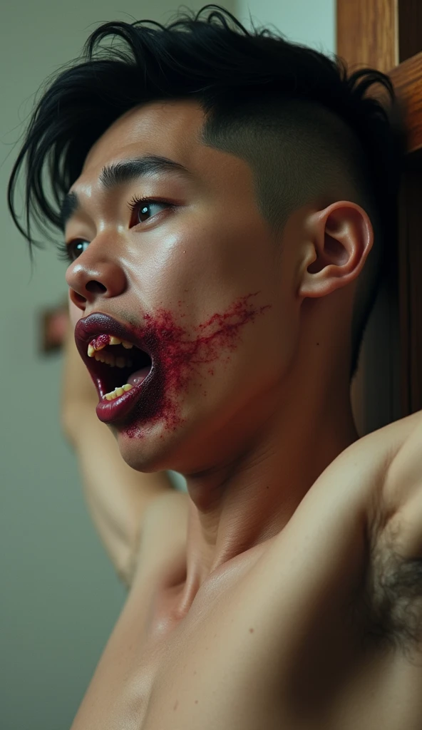 A Korean male teenager without clothes, leaning on his knees sticking out his pointed tongue while saliva drips from his mouth 