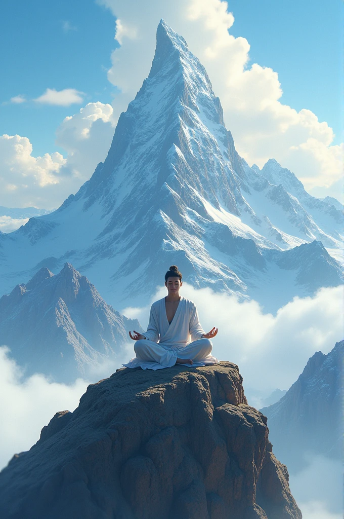 Make a bald man with dark skin and a lean body meditating on a mountain peak