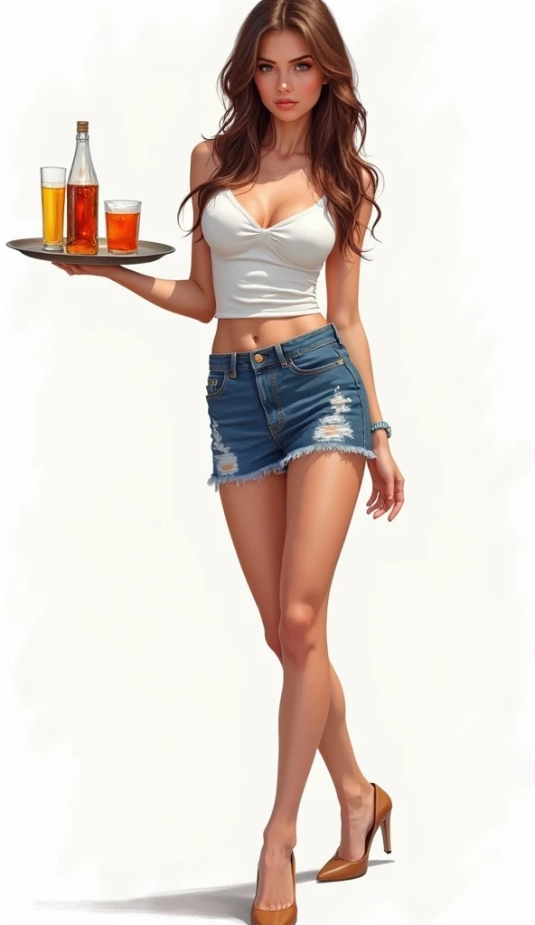 Super detail. realista., surrealismo, 8k. Chica ucraniana sexy. cara linda. Hermosa chica con cuerpo perfecto. super fine face and eyes. Camiseta sin mangas de colores aleatorios. minifalda jeans rotos, tetas grandes,Exponer el escote. long, wavy shiny brown hair. entorno realista. Textura natural de la piel. Luz solar natural. imagen realista. fotorrealista. Grabado con Sony A7. professional photo shoot.