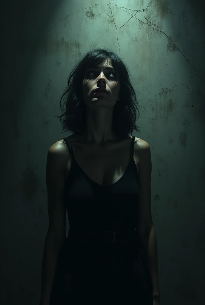 A young woman with short, wavy black hair and bangs. She has bright brown eyes and fair skin with prominent freckles. She is dressed in a black gothic dress, she exudes a slightly fiery expression, her breasts are large and her cleavage is showing, she is being photographed in an elevator, her whole body is showing, she is wearing a skirt and it is slightly above her knees.