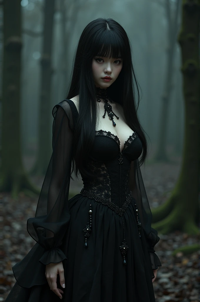 (highest quality、table top、8k、best image quality、Award-winning work、Ultra high definition)、Creepy and horror beauty、(full body photo:1.35)、(slightly pregnant:1.2)、(spider web on the background:1.1)、Are standing、(zombie beauty:1.25)、(Bloodまみれの顔:1.25)、出Blood、Blood、Blood液、Zombie Makeup、(pure white and creepy skin:1.2)、long straight hair、black eyeshadow、black nightgown、around the eyes、black lips、(very long bangs:1.1)、long hair、(dark spooky forest:1.2)、Terrible night、dark thriller atmosphere、Spooky fog、small cleavage、A cold smile staring at me、blurred background、upper body photo、accurate anatomy、Ultra-high resolution face、ultra high resolution hair、Super high resolution sparkling eyes、超高解像度のblack lips、(Super high resolution perfect teeth:1.1)、Creepy face drawn in detail