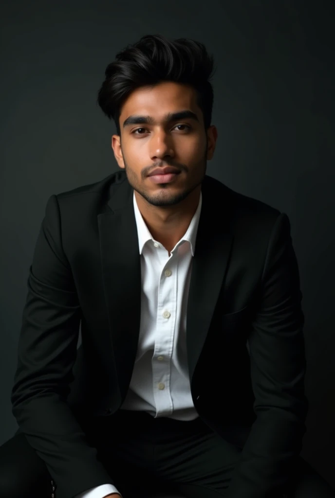 in a dark studio, young man site heroically, dressed in a black blazer and white shirt. cinematic lighting cats , giving a professional corporate look. similar to a LinkedIn in business profile photo. formal corporate profile picture, solid great dark background, Bangladeshi, age: 26. cute hairstyle, black hair, urban look with name 'Nur Alom' in the background