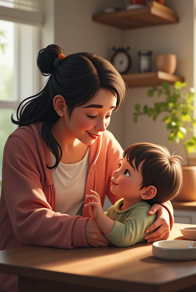 cewek indonesia, usia 25 tahun, wear simple clothes, hair tied, holding a 1 year old baby, in the room