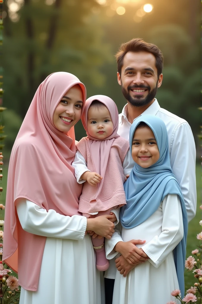 Please Muslim mother father three daughters two sons in white suits