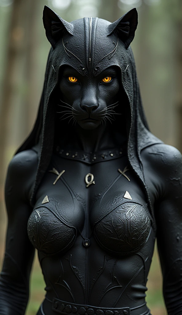 high-quality digital art, Fantasy art,black female anthropomorphic cat, ((black fur)), ((blue stripes)), healthy curvy and slim body, blue eyes, eyelashes, scar on one eye