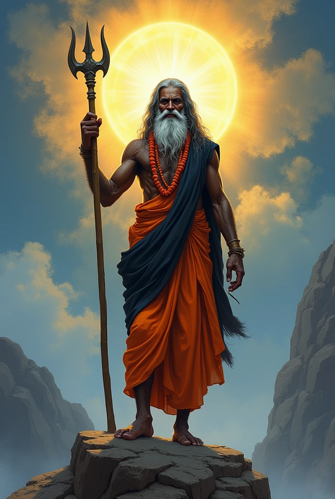Dark Stormy Sky: A dramatic, dark sky with lightning, symbolizing inner turmoil and approaching conflict. And Indian sadhu