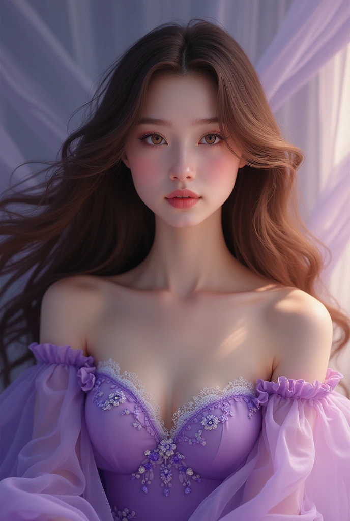 (photorealism:1.2), Using Imperial Europe Dress purple and crown, beautiful adult white Queen, lying on the bed, A close-up to face and straight-on view from above, good body, straight body possure, big breasts, moderate emotion, sweet smile.