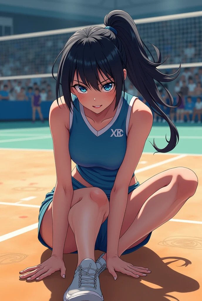 a matter of fact, daytime, sunlight, 1 girl, 8K resolution, blue hair, blue eyes, glowing eyes, white short skirt, Blush, tennis, sleeveless shirt, sunlight, Wet from the rain, seethrough, Sit with your knees raised., pussy, smile, the skirt is blowed up, highest quality, High resolution, highly detailed face, perfect lighting, Very detailed CG, (perfect hands, perfect ???????), mini yaemori, perfect figure, in love expression, bottomless, armpit,