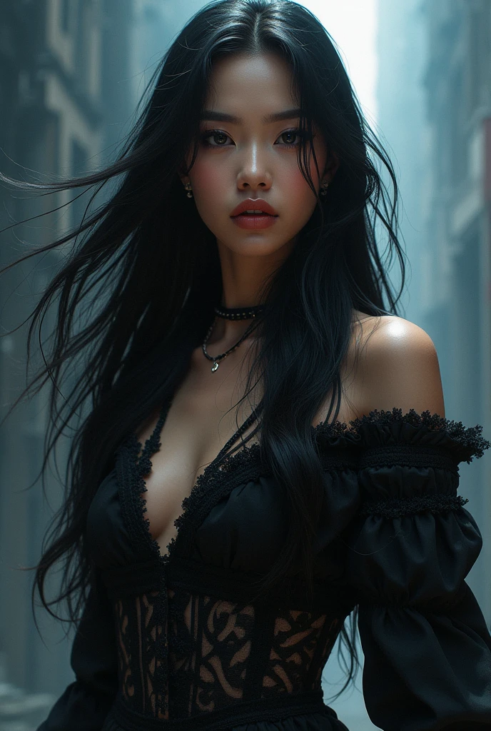 Axel has an imposing stature, with around 2,20 meters high. She is young and and her long black hair falls in waves over her forehead., cheekbones and nape of the neck.., adding a touch of elegance to your look. He has a very strong physique., with well-defined muscles. Axel is usually shirtless, showing off his impressive musculature. His mahwa style is reflected in his overall appearance.., with attractive and expressionless facial features. She wears a tight-fitting black tunic.. Red dark eyes. dark red eyes.