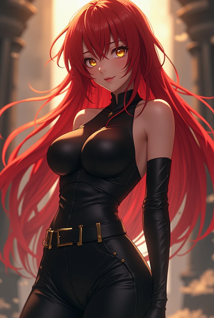 ( masterpiece , best quality , 8k, ultra detailed , HDR, Ultra HD, ultra-fine painting, sharp focus, physics-based rendering, descrição de details extremos, Professional, vivid colors , perfect composition , higher quality , details) Miraculous, Anime Female With Red Hair, Yellow Eyes, Black Clothes, Black Pants.