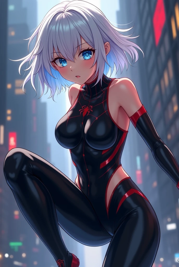 masterpiece, highest quality, high resolution, 1 girl, gray hair, short hair, blue eyes, medium breasts,(red underwear), Idol Master,anastasia,Knee-high boots,pants suit,((Sit on the bed,Bedroom))(((sexy))),