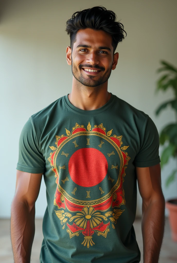 A man who have Bangladesh Flag And he wear Green T shirt and red pant His face reaction is Happy