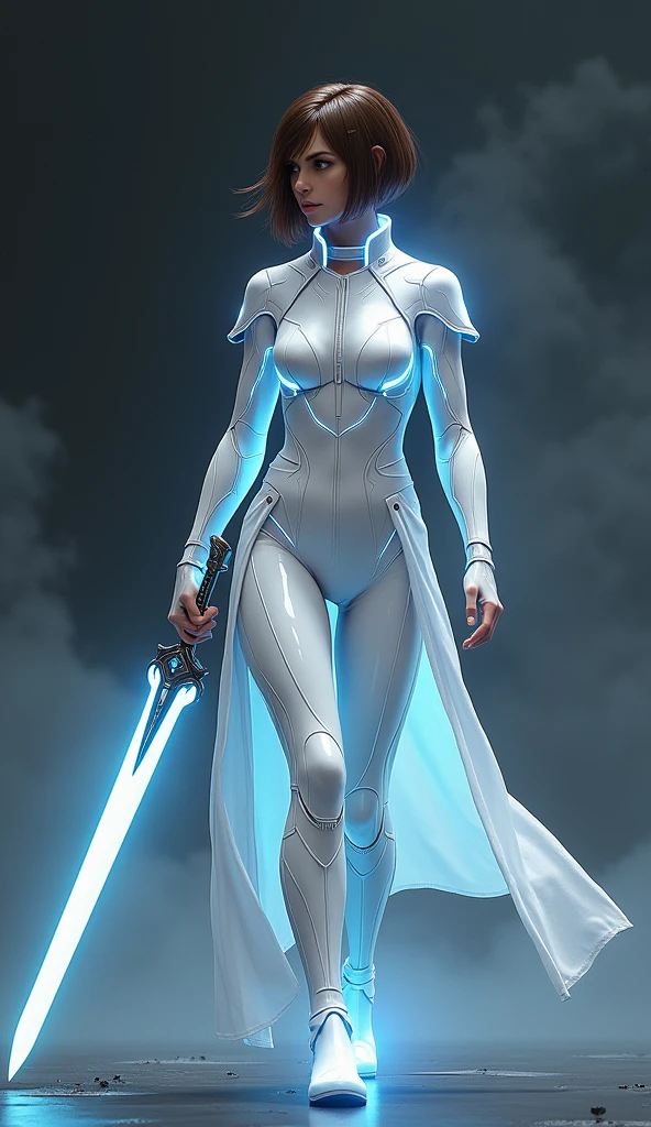 a digital artwork of a kneeling female figure with a futuristic, translucent, and almost ethereal appearance. The figure should have a visible, glowing, cybernetic skeletal structure, with a soft blue or white light illuminating from within. She is holding a sword in a reverent or contemplative pose, with the blade grounded, and both hands resting on the hilt. The figure has long hair, tied in a ponytail, and her expression is calm, focused, and serene. The setting is dark with a subtle, misty environment, making the figure and the sword the primary sources of light. The overall atmosphere should feel otherworldly, blending elements of sci-fi with mystical or fantasy vibes.