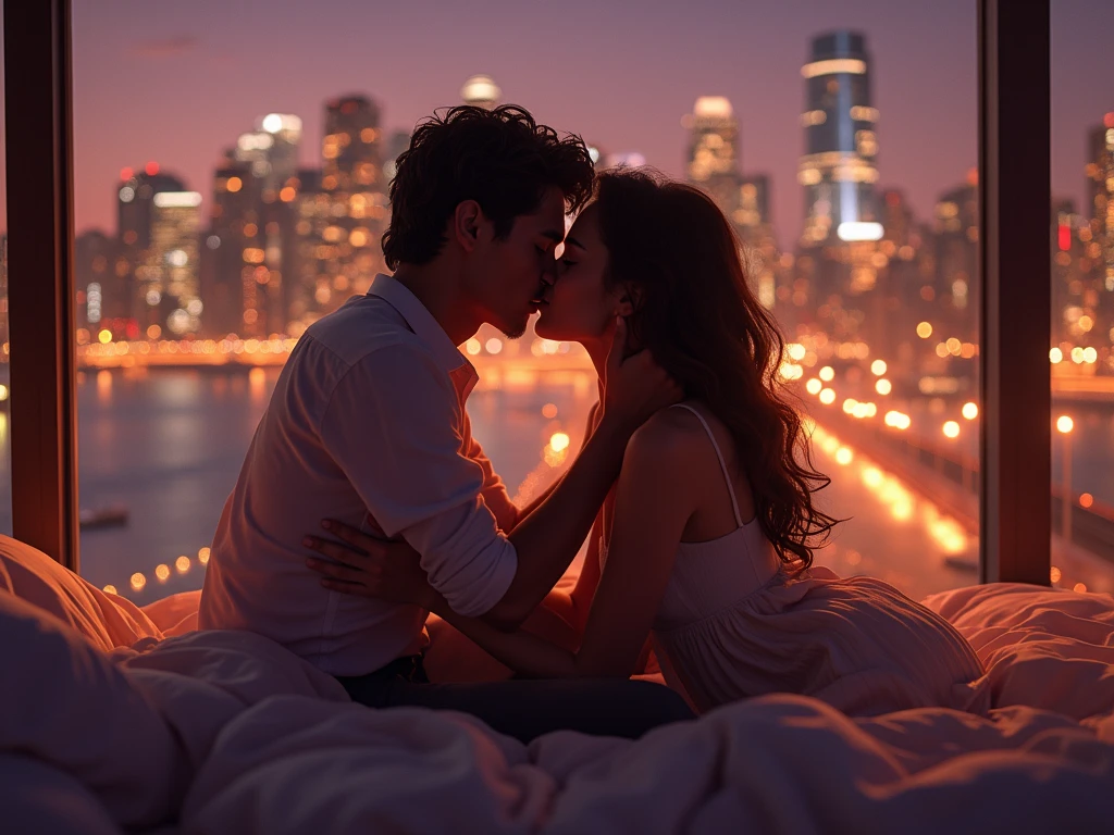 20yo women, 25yo man, sitting in balcony, at night, full moon in background, man is sitting in chair, women is sitting in man's lap, women looking at moon looking at moon, perfect face, man kissing women's neck