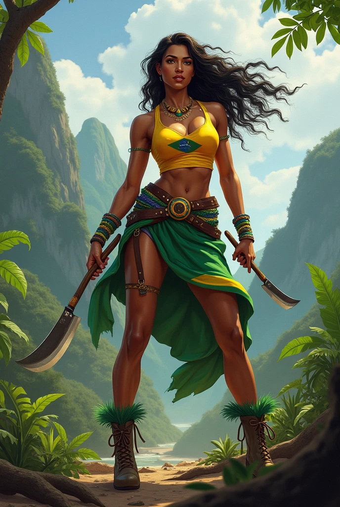 Fortnite game character art style，Gender woman ，Armed with spear weapons，There are tribal marks on the forehead. Master melee combat, Agility, and jungle survival skills. The clothes were made of hay and leaves, Necklace made of ivory. Gloves made of blades of grass, Shoes are made of grass, Black hair, High ponytail, full bodyesbian