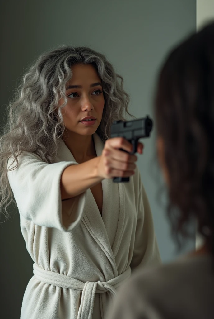 A beautiful youthful looking Filipino version of Ariana Grande as a 50 years old woman with long curly completely gray hair as the superhero Daisy Johnson from Agents of S.H.I.E.L.D wearing a bathrobe leaning on a wall hold a gun in her hands pointing it at a young man