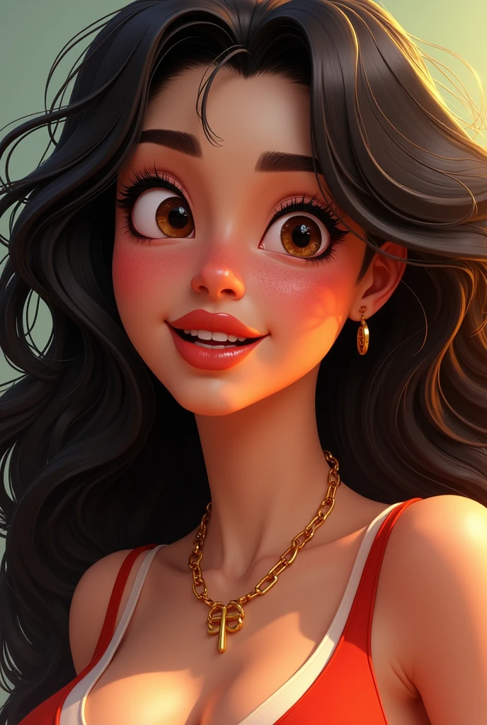 Brown fat woman dark curly hair to shoulder dark round eyes birthmark under mouth round face Pixar 3d curly hair