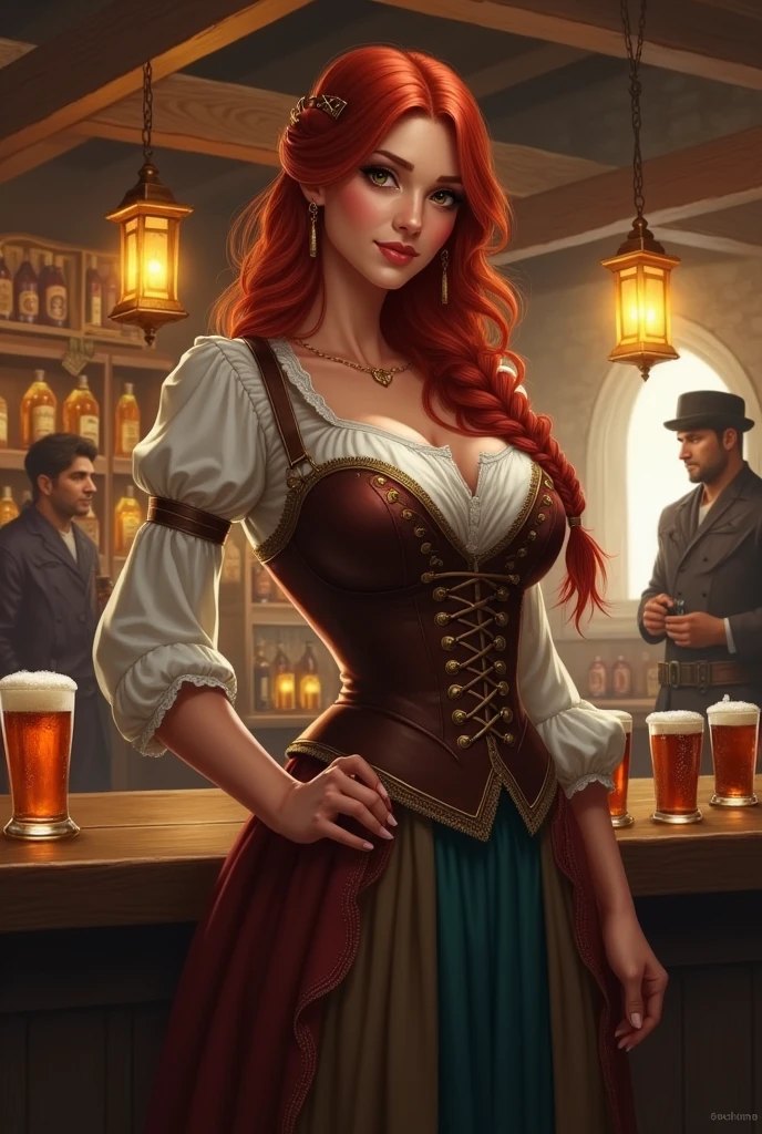 a beautiful red-haired woman with large breasts,detailed facial features,detailed eyes and lips,medieval tavern interior,medieval bartender uniform,serving ale,intricate details,cinematic lighting,warm color tones,masterpiece,ultra-detailed,photorealistic, buff, muscular,